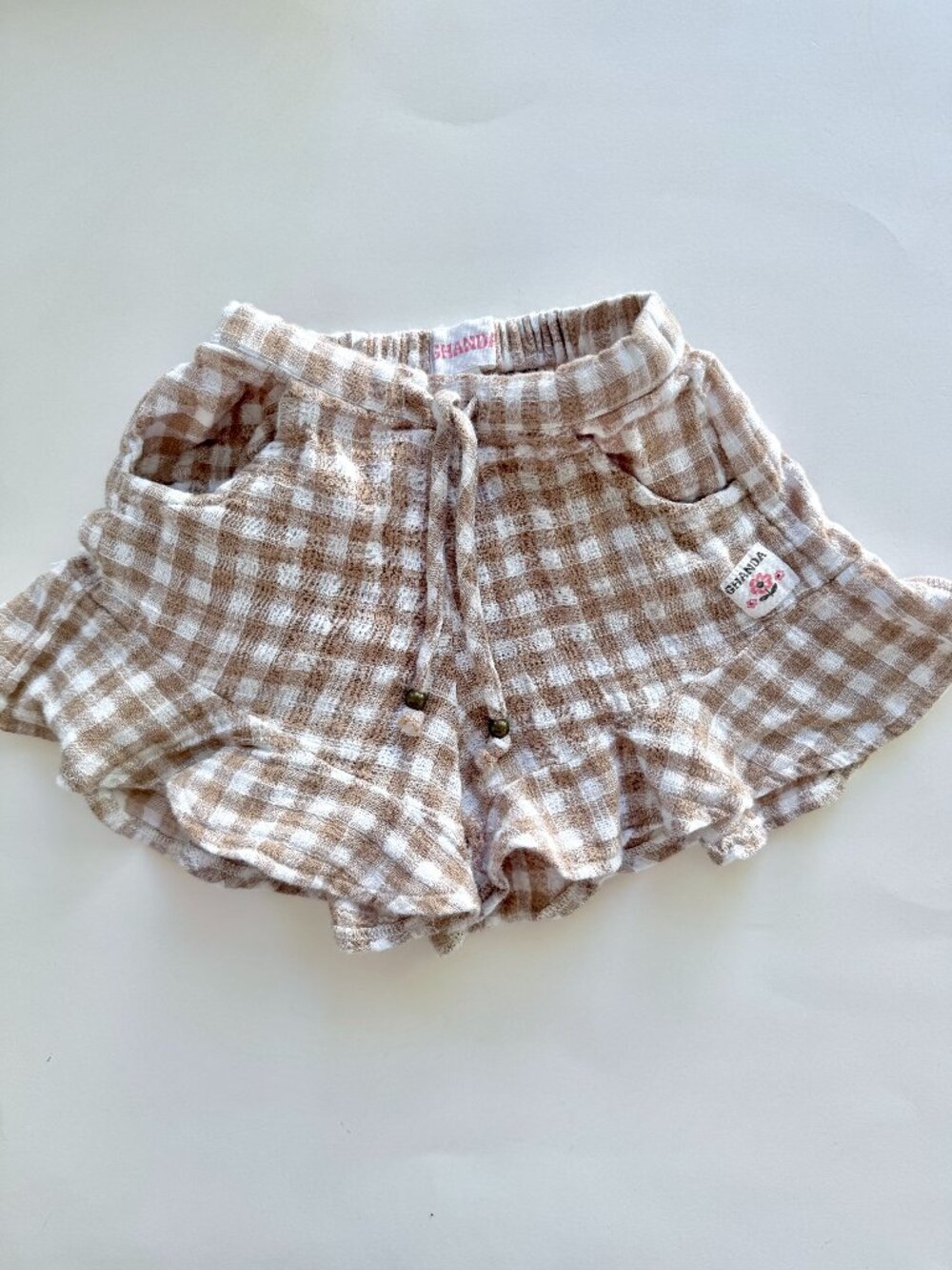 Ghanda Girls Tan Gingham Ruffle Shorts Sz 3-4 Cotton Gauze Neutral Beach